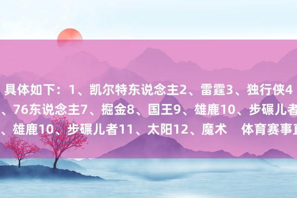 具体如下：1、凯尔特东说念主2、雷霆3、独行侠4、丛林狼5、尼克斯6、76东说念主7、掘金8、国王9、雄鹿10、步碾儿者11、太阳12、魔术    体育赛事直播